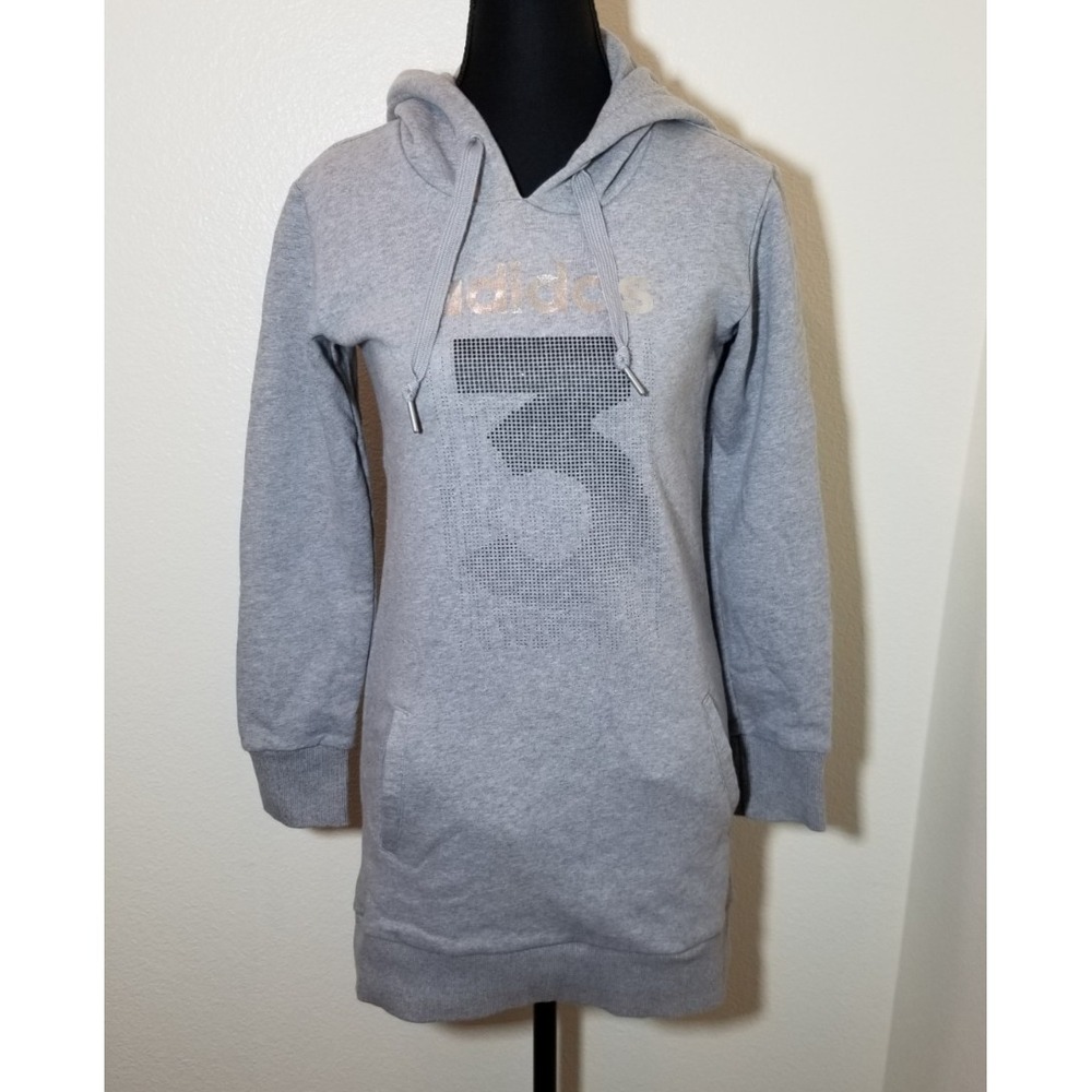 Adidas Womens XS Hooded Sweatshirt Dress Grey Retro Activewear Lounge Street